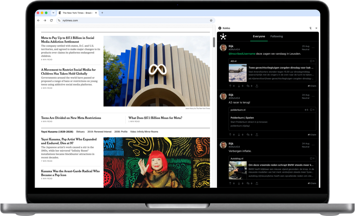 Kekko browser extension open beside a webpage
